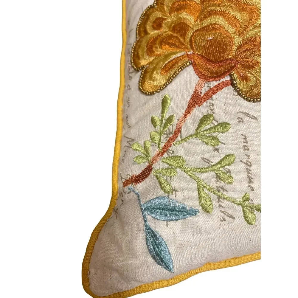 Linen Embroidered Beaded Floral Accent Pillows‎ set of two 12